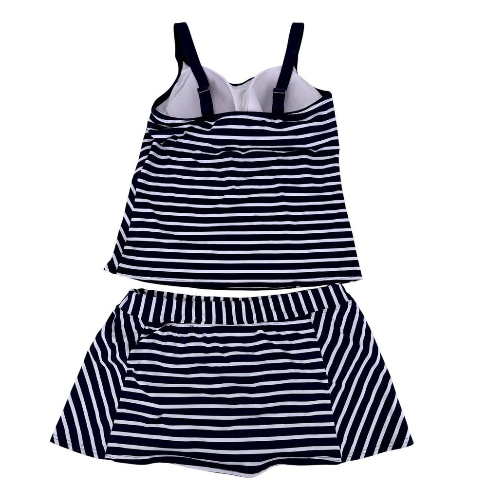 Lands End Womens Navy White Striped Tankini Top 10P & Swim Skirt 12 Set - Picture 3 of 7